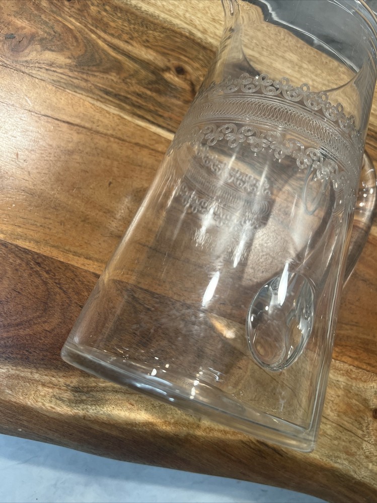 HAND BLOWN CRYSTAL ETCHED PITCHER 48oz OPEN LIP CRYSTAL APPLIED HANDLE