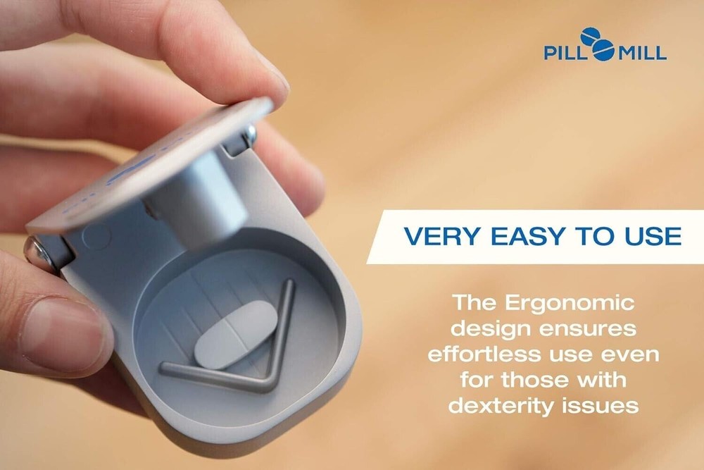 Pill Cutter Splitter with Pill Box by - Blade That Will Never Dull - Grip Handle