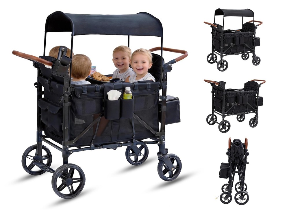4 Seater Wagon Stroller Foldable Lightweight w/ Canopy & Safety Harnesses