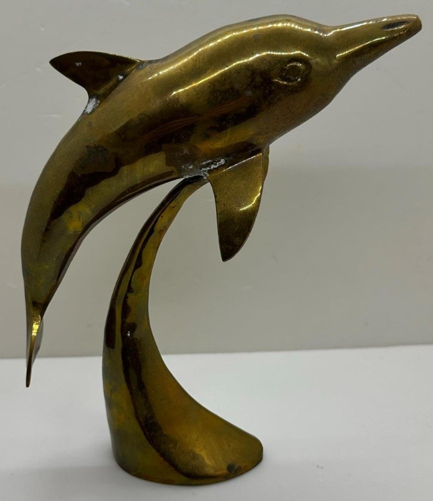 Solid Brass Dolphin Statue 7 1/2" Tall Riding an Ocean Wave