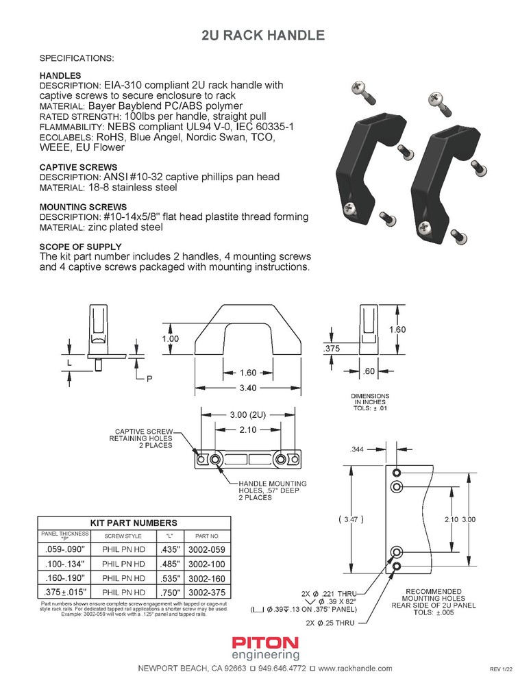2U Rack Handle Kit, .375" Panel. Use on any 19" rackmount equipment.