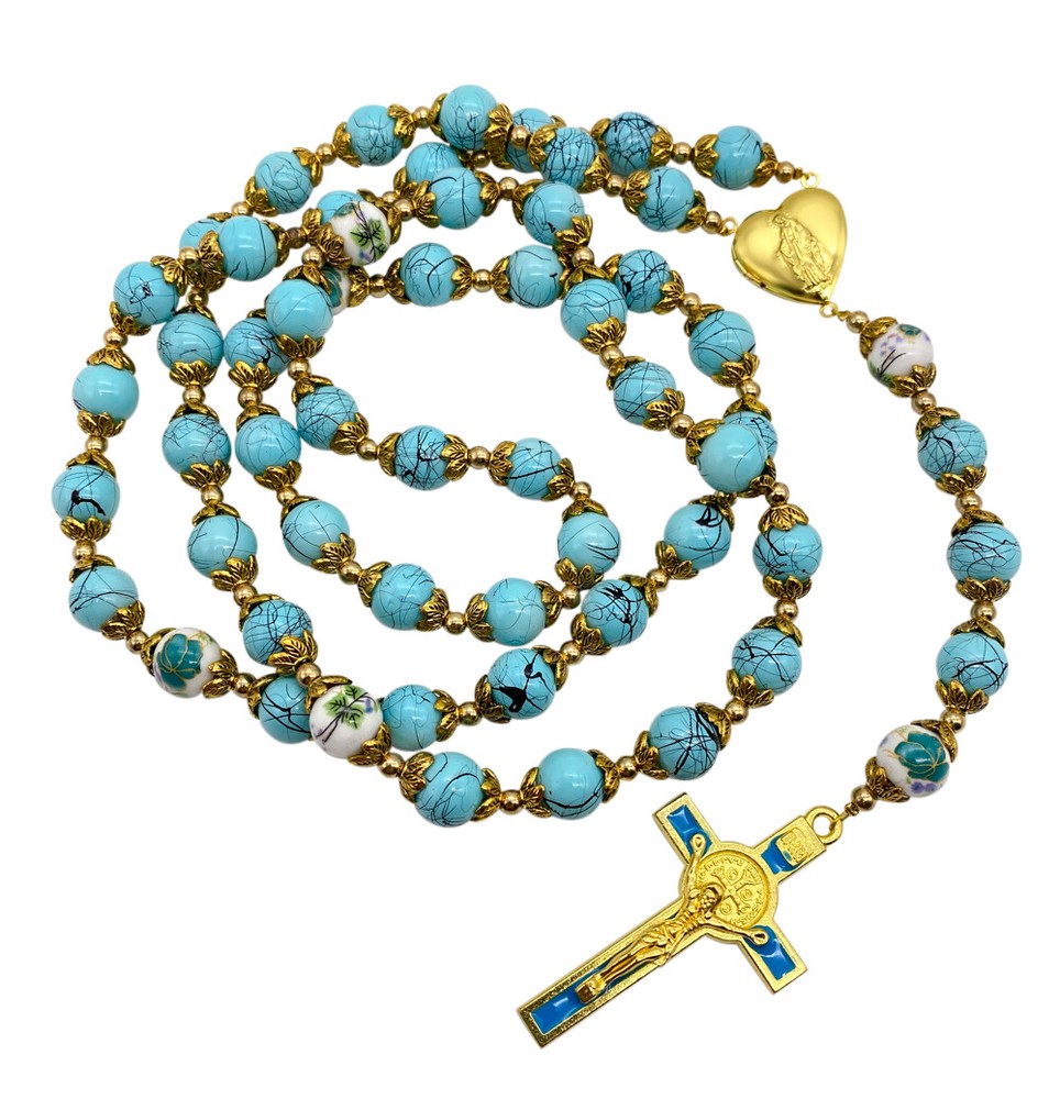 St. Benedict Turquoise Rosary Beads Catholic Necklace Flowers Mystery Beads