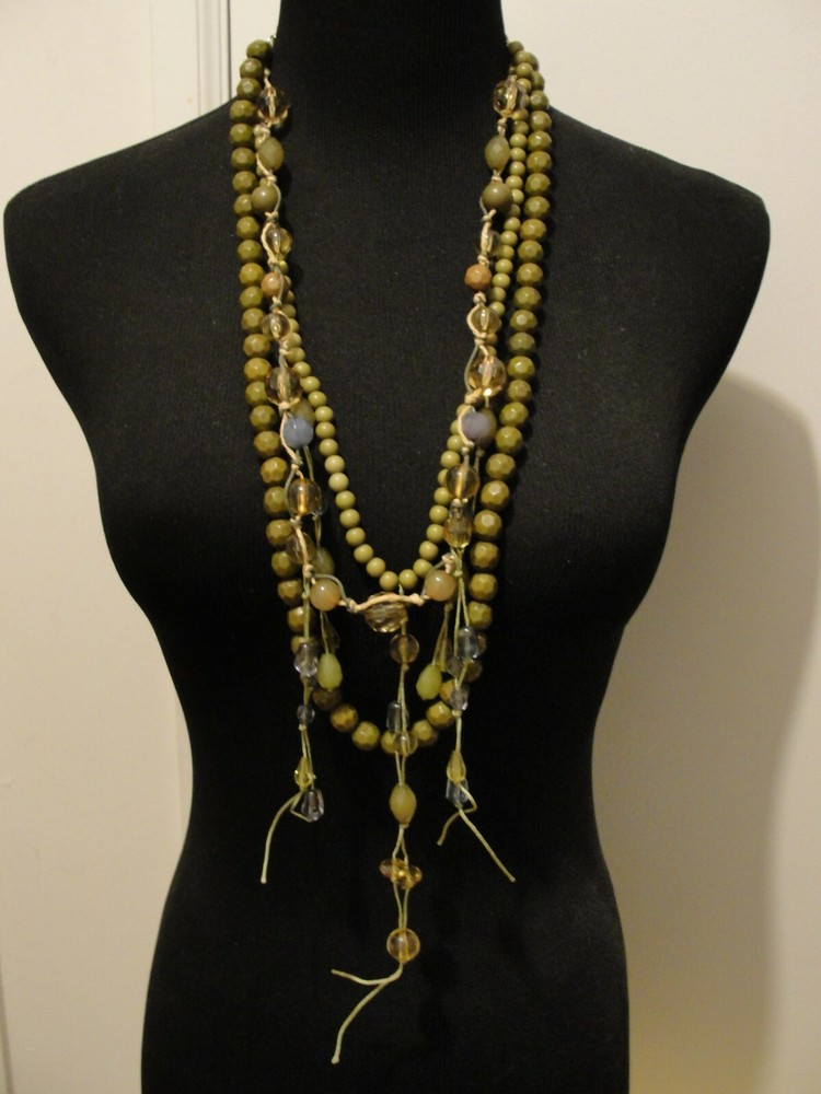 statement multistrand green bead necklace with dangles adj. 22"-37"