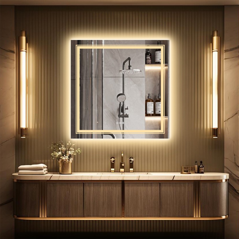 Double LED Bathroom Mirror 32x32 with Lights Defog Stepless Dimmable Wall Mirror