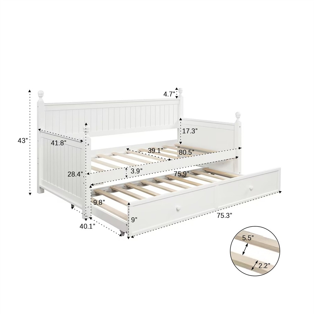 Twin Size Daybed Wooden Bed Frame Sofa Bed with Pull Out Trundle Bed White