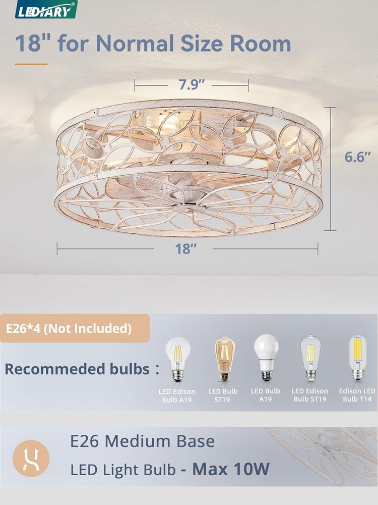 Caged Ceiling Fans with Lights, White Flush Mount Ceiling Fan with Remote&App...