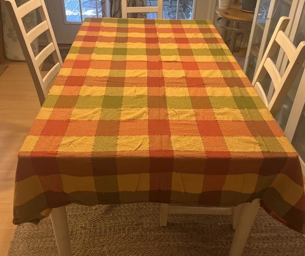 Square Pattern Fall Color Gold Table Cloth. Squares Framed By Gold Sting. READ