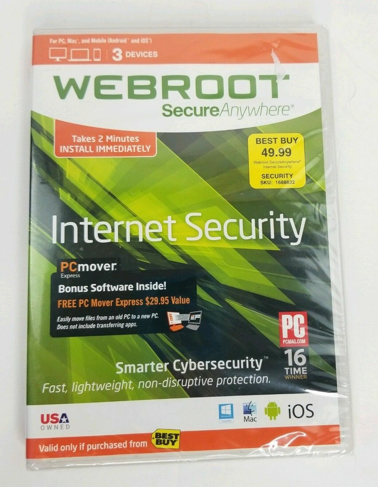 Webroot Secure Anywhere Internet Security 3-Devices Mac Windows PC Android iOS