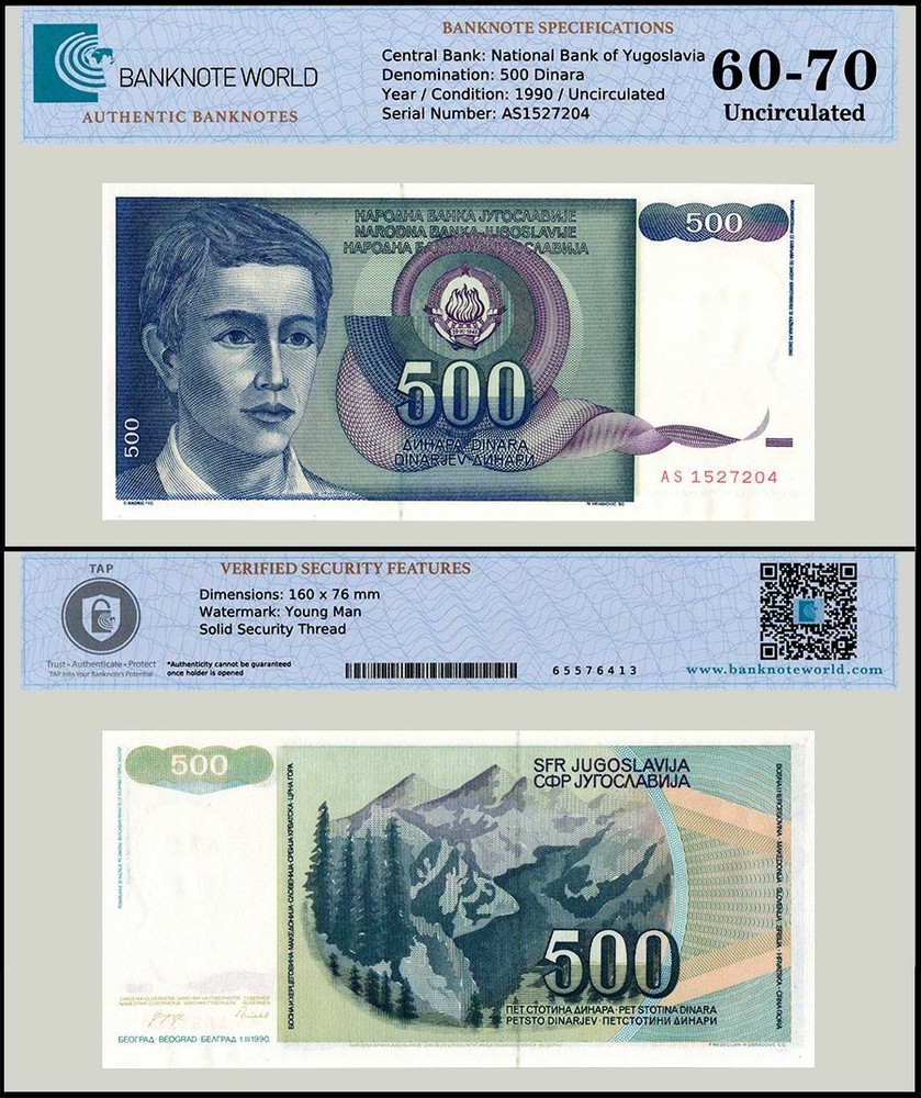Yugoslavia 500 Dinara, 1990, P-106, UNC, Authenticated Banknote