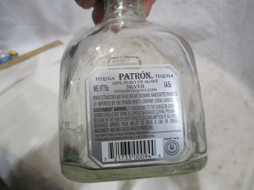 Patron Silver Empty Bottle, Cork, Hang Tag Certification 375ml