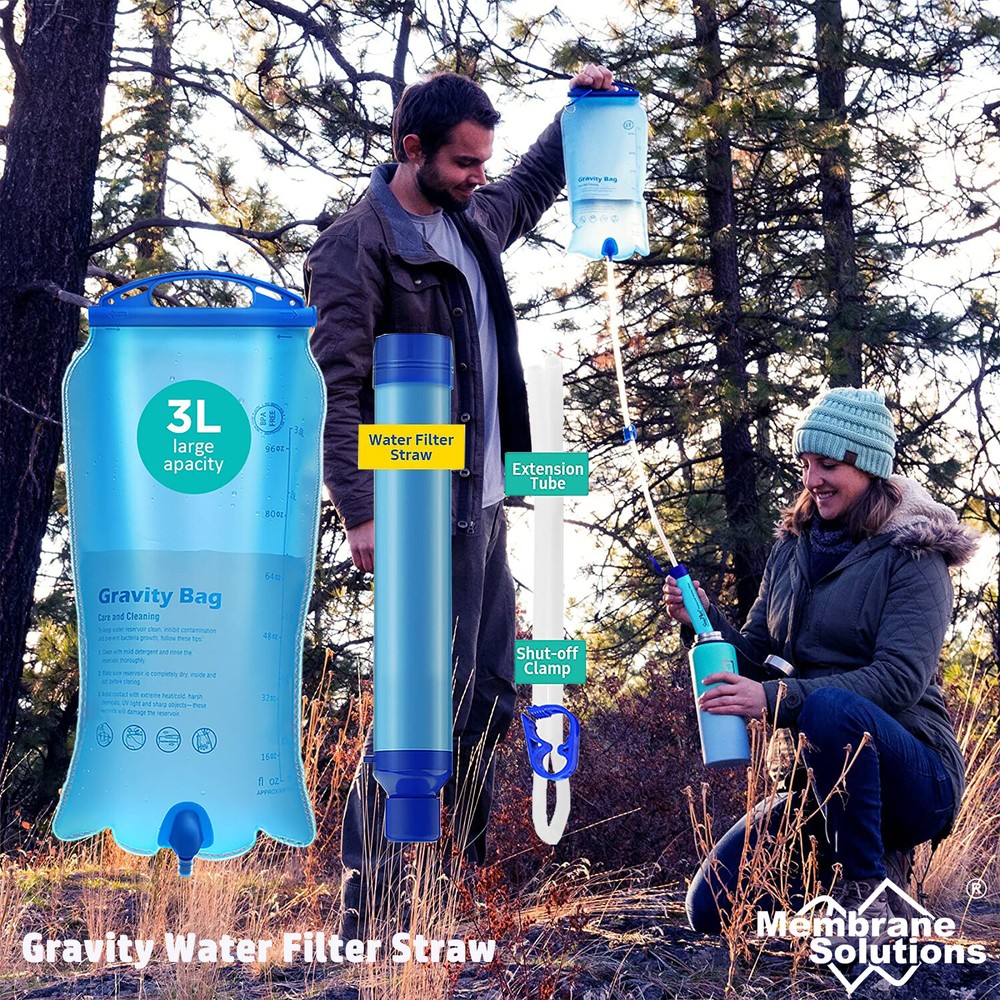 Personal Water Filter Straw with 3L Gravity Water Bag+2xFoldable Water Pouches