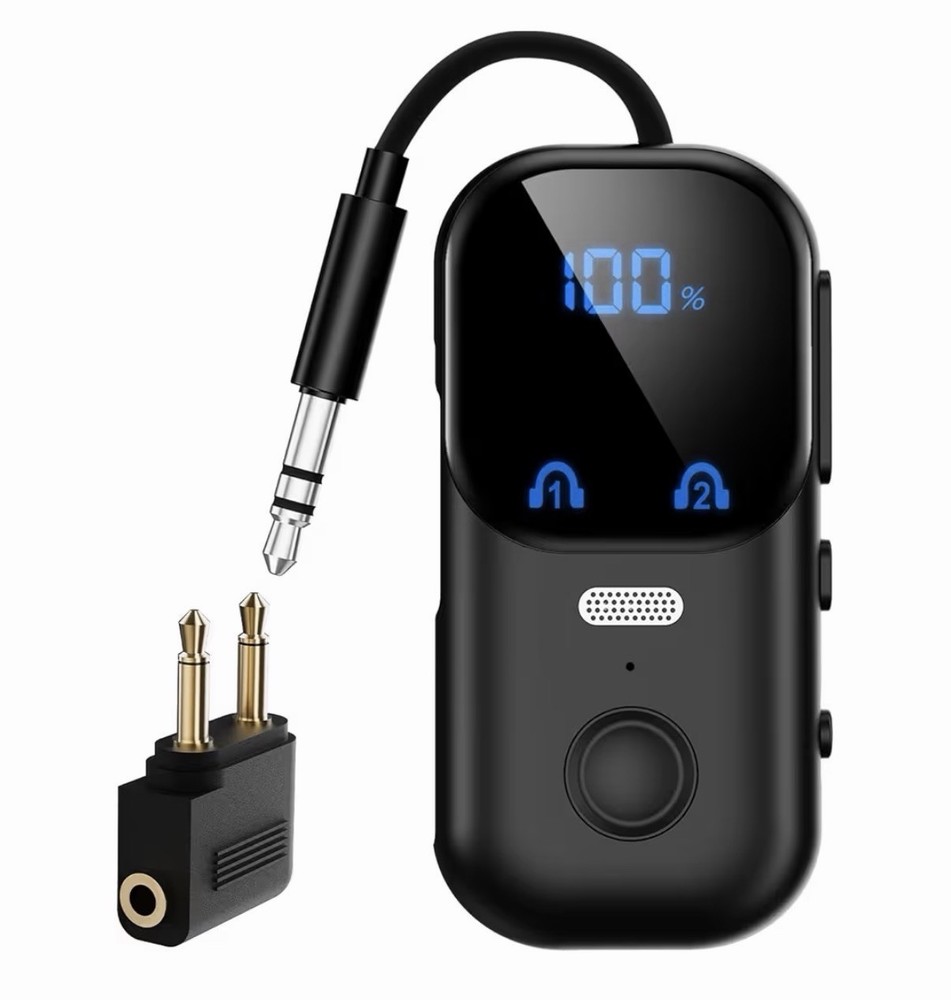 Bluetooth 5.4 Dual Pairing Transmitter, Retractable AUX, Fast Charging, Black