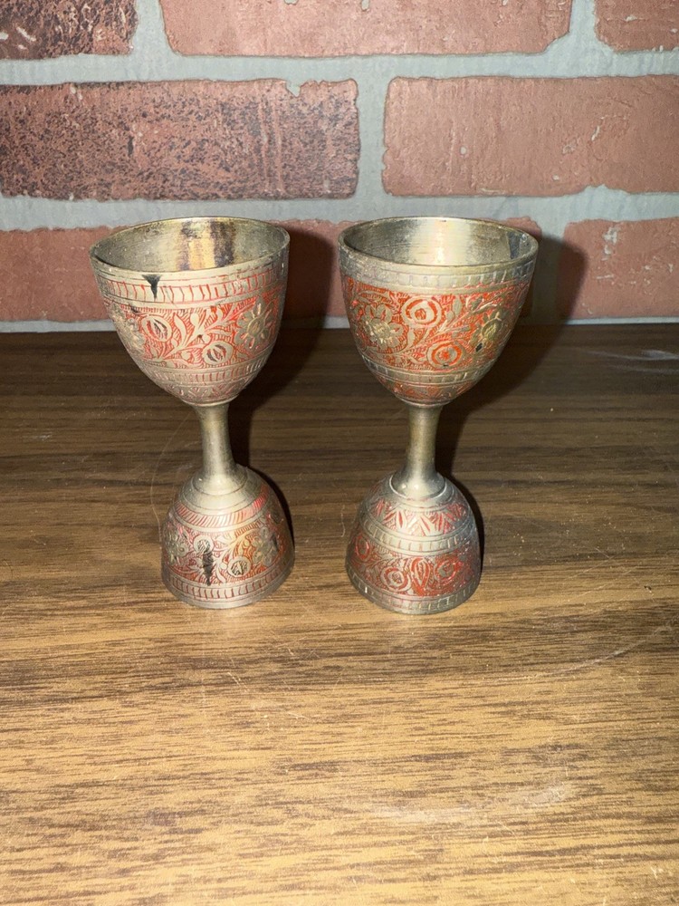 2 Antique Indian Brass Beautiful Minakari Work Double Measuring Cup/Jigger