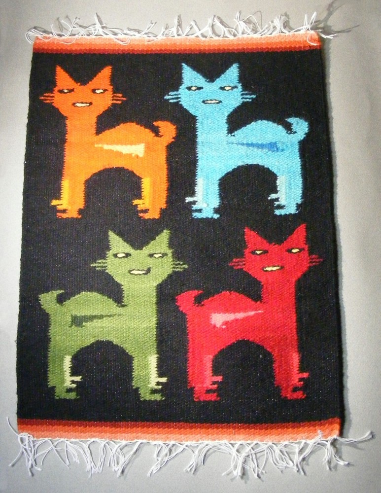 Small Hand Made Wool Peru Colorful Cats Wall Hanging