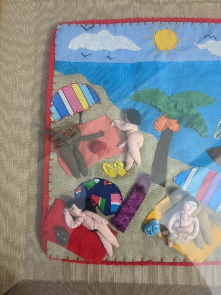 Beach Arpillera Patchwork 3D Handmade Framed Wall Art Peruvian Quilted