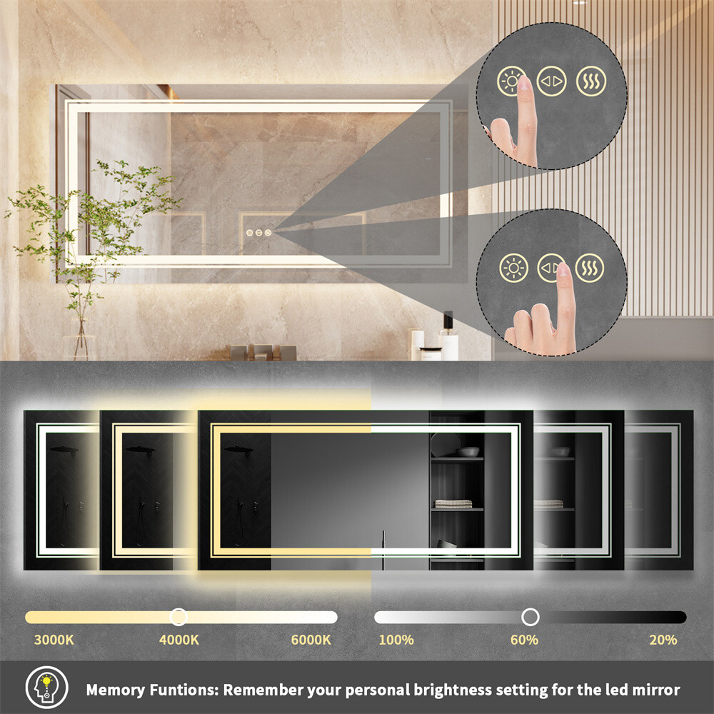 60x31'' Large LED Bathroom Vanity Mirror with Front Lights + Backlit Dimmable HD