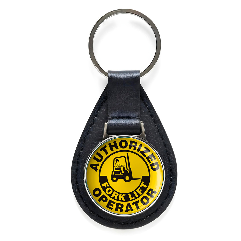 Authorized Forklift Operator Sign Black Leather Keychain Silver Keyring Military