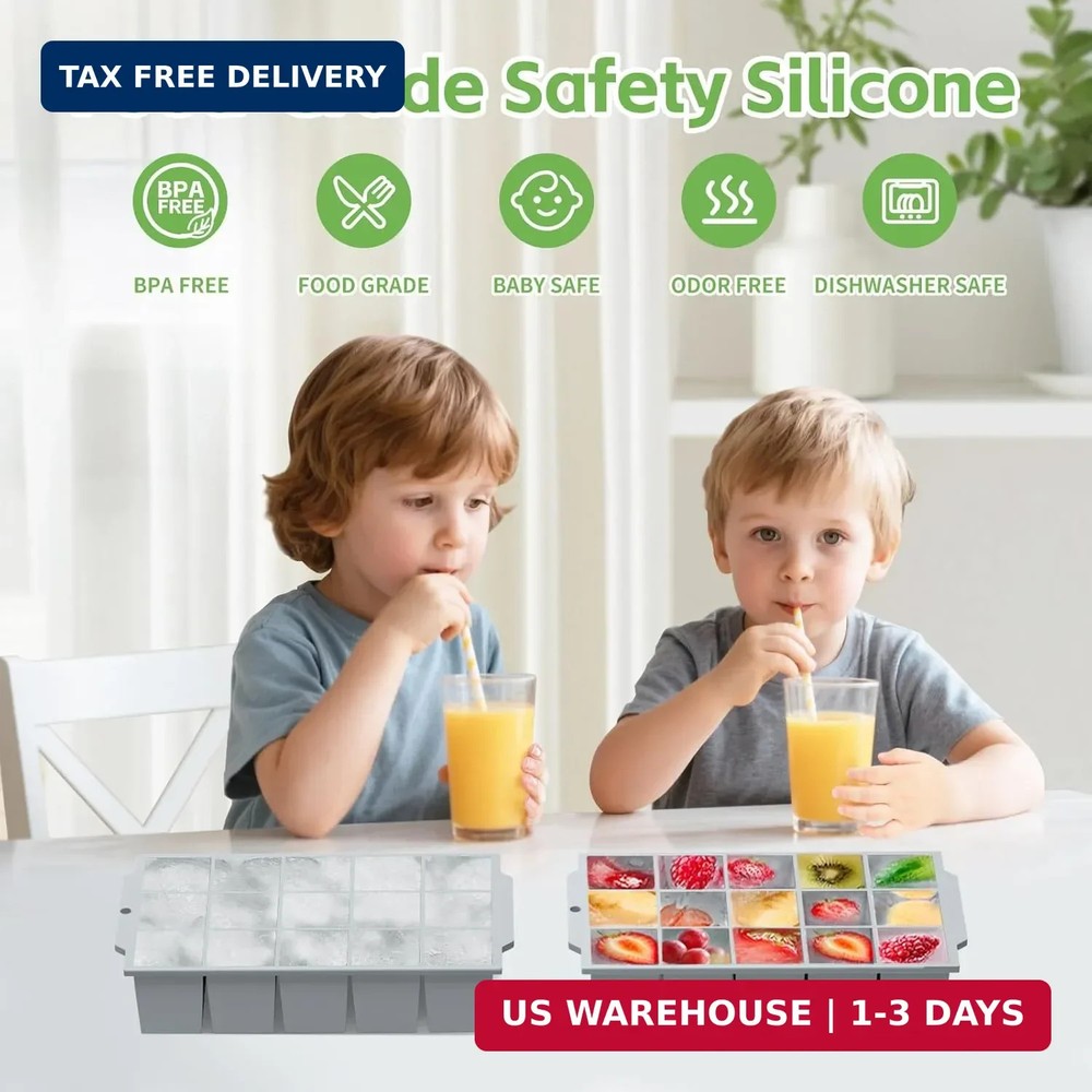 Silicone Ice Cube Tray with Locks Lids, Easy Release Flexible 15 Square Ice Tray