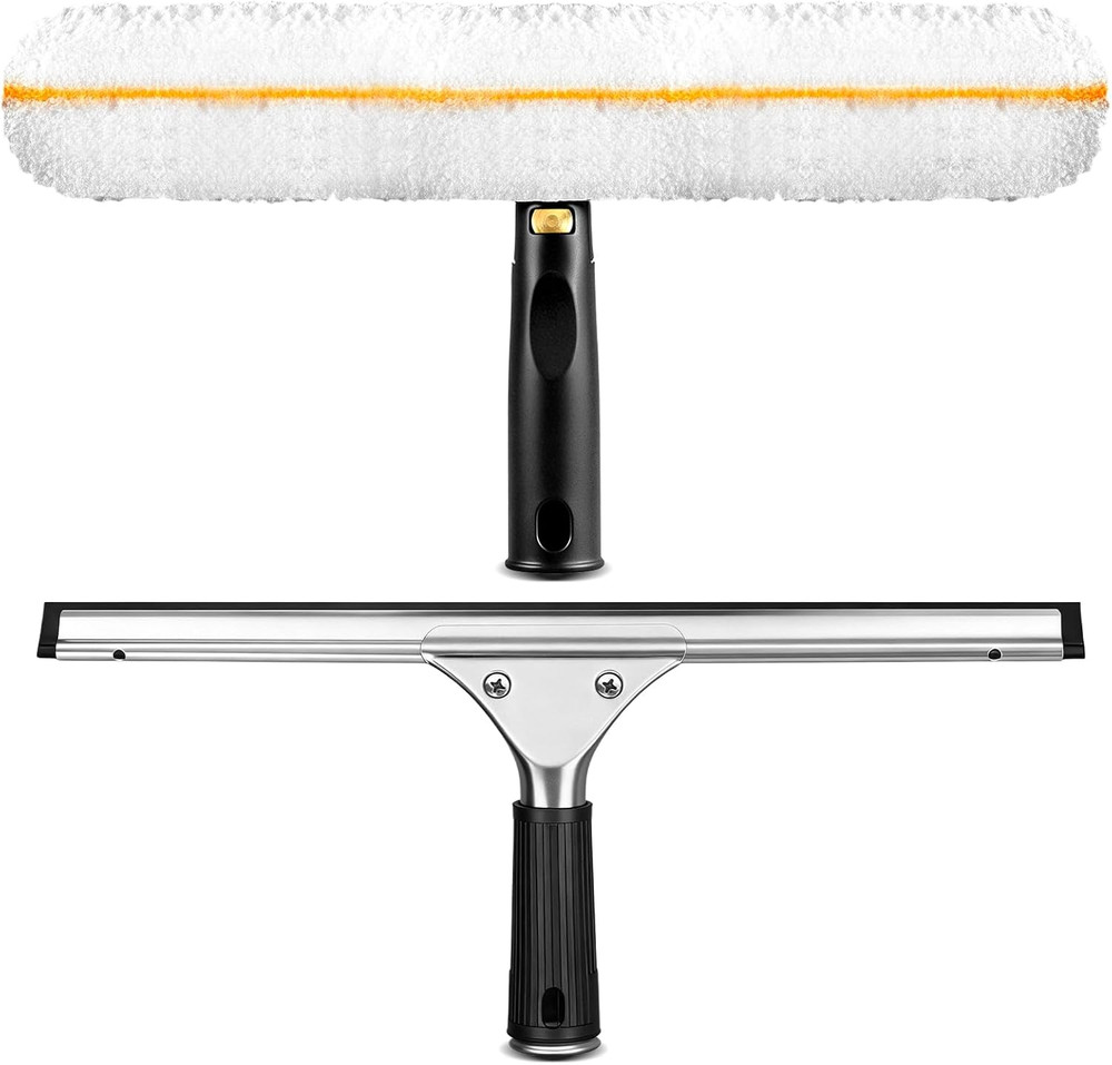 Window Cleaning Squeegee Kit- 14" Squeegee & Microfiber Rotatable Window Scrubbe