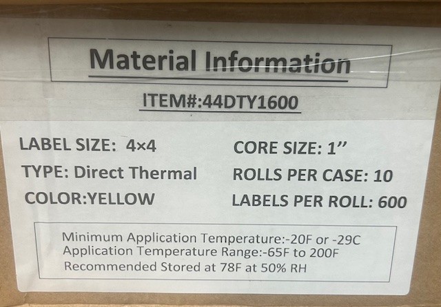 DIRECT THERMAL LABELS, YELLOW, 1 ROLL, 4" x 4", (600 LABELS PER ROLL), 1" CORE