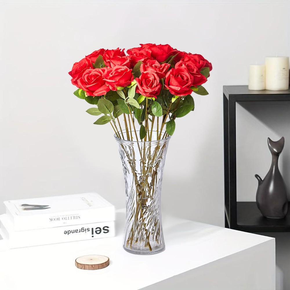 Pyopbow 20PCS Artificial Roses with Long Stems - Realistic Silk 20 PCS, Red