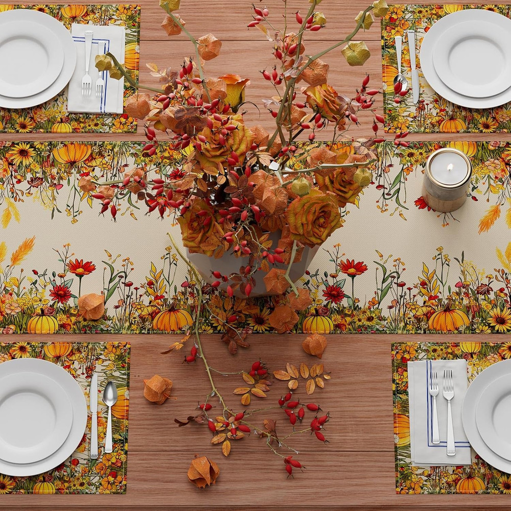 XCHI Fall Color Wild Flowers Pumpkin Table Runner Table Decoration for Kitchen D