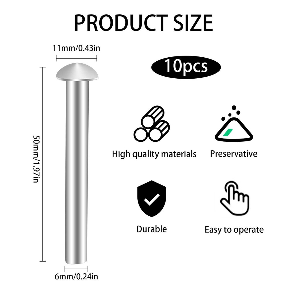 10 PCS Rivets for Spade Handle, Solid Rivet Tool, Round Head Aluminum Rivets,...