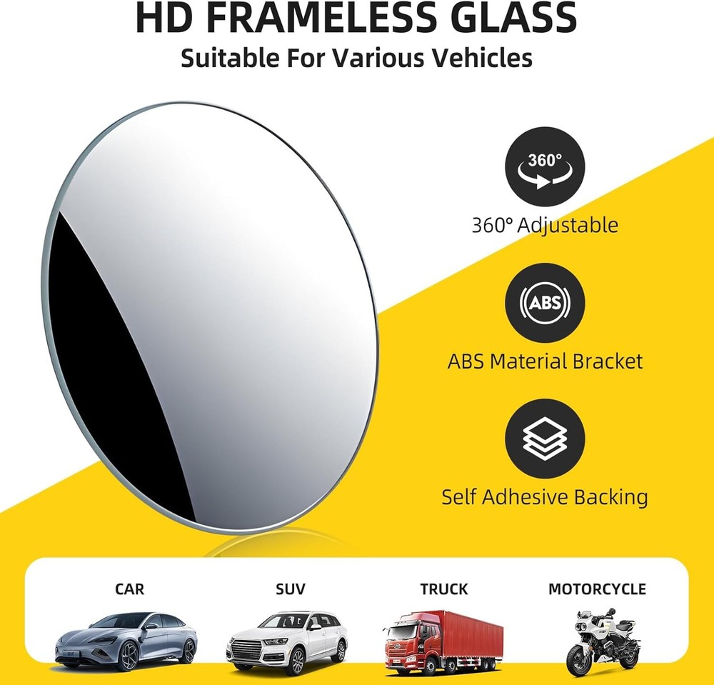 2 Pack Blind Spot Mirror HD Frameless Convex Round
