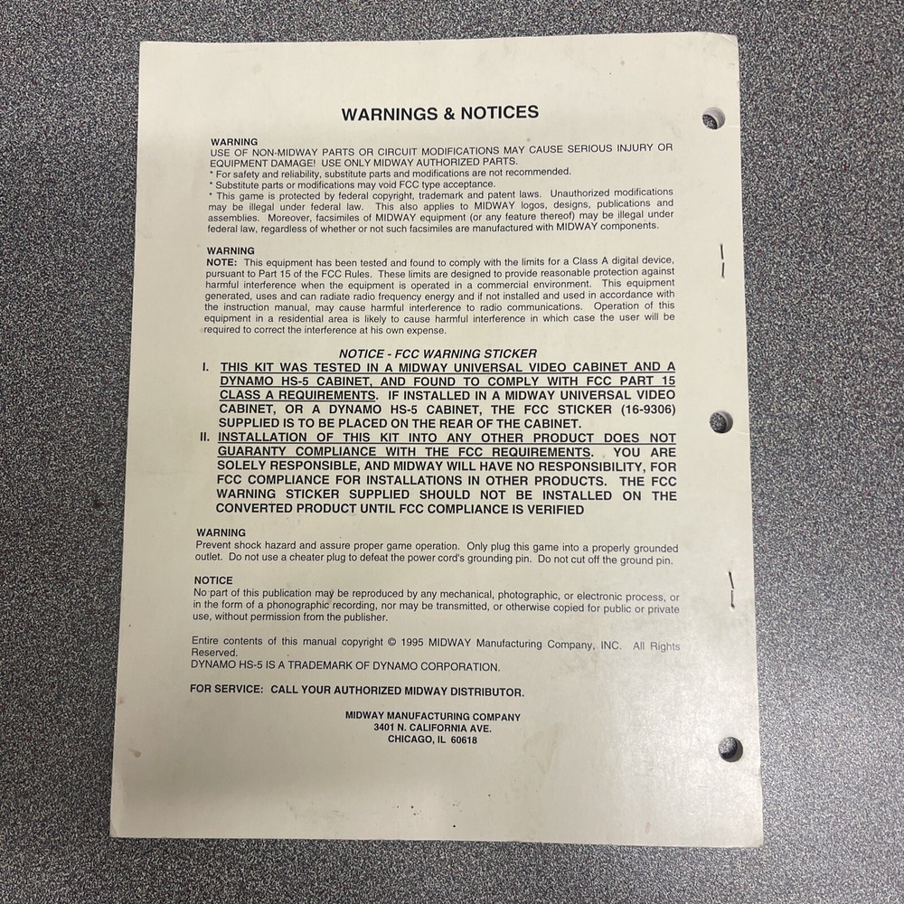 1995 Midway Mortal Kombat 3 Kit Operators Manual