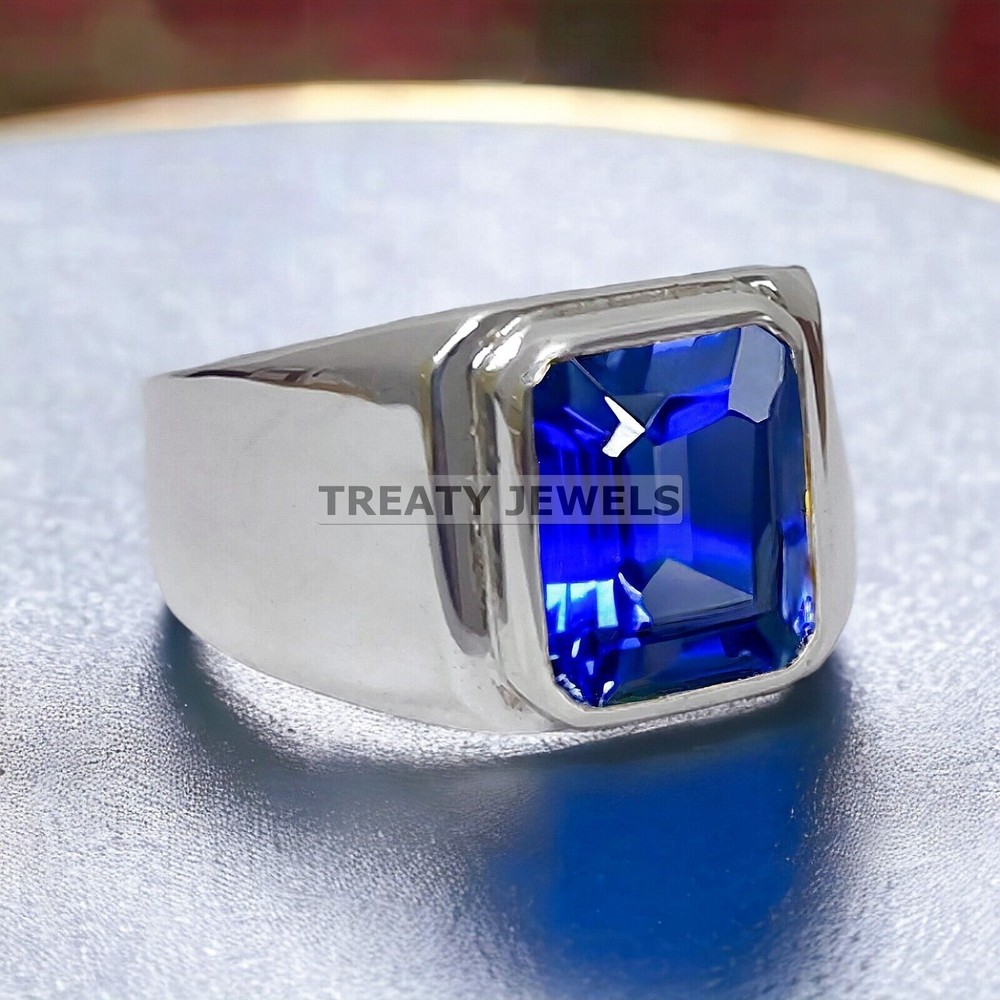 Blue Sapphire Emerald Cut Gemstone With 14K Solid White Gold Ring For Men's #306