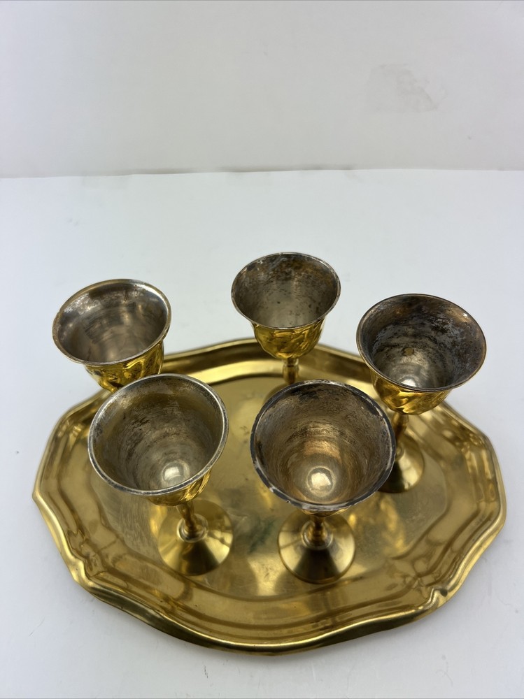 Vintage Mini Brass Goblet Cordials Set With Tray