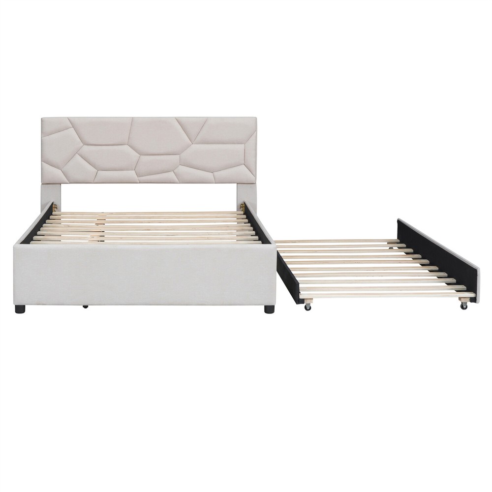 Full/Queen Size Bed Frame Upholstered Platform Bed w/ Headboard Beige/Gray