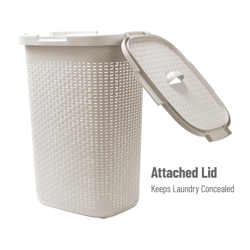 Slim Laundry Hamper W/ Lid Portable Plastic Wicker Design Space-Saving Basket US
