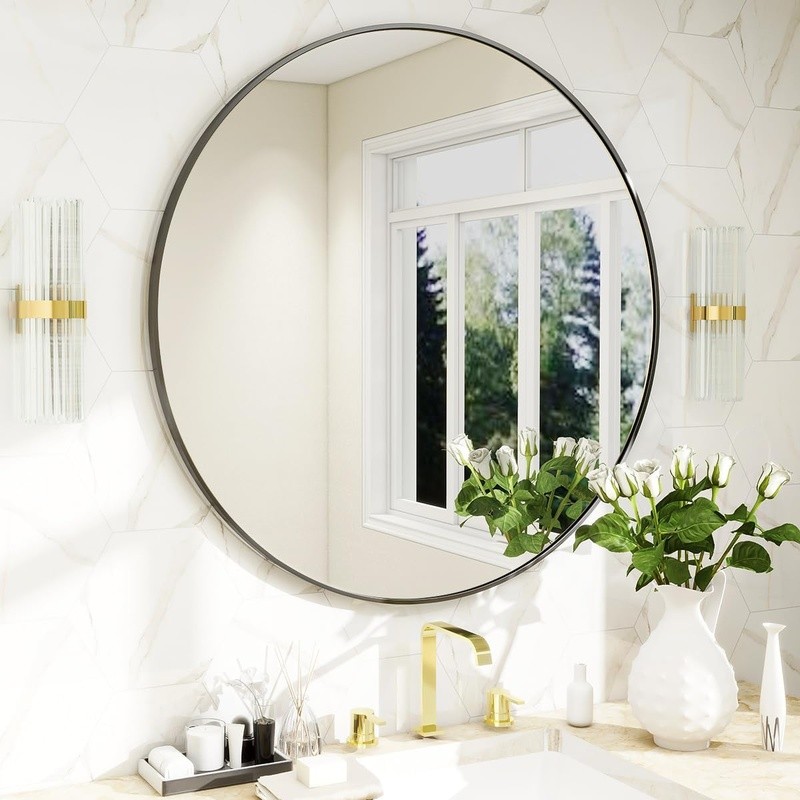 Mirror Round Decorative Wall Mirror Aluminum Frame HD Reflection Easy Install US