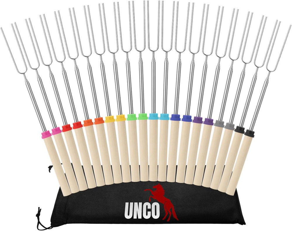 UNCO- Marshmallow Roasting Sticks, 20 Pack, 32”, Extendable Stainless Steel Smor