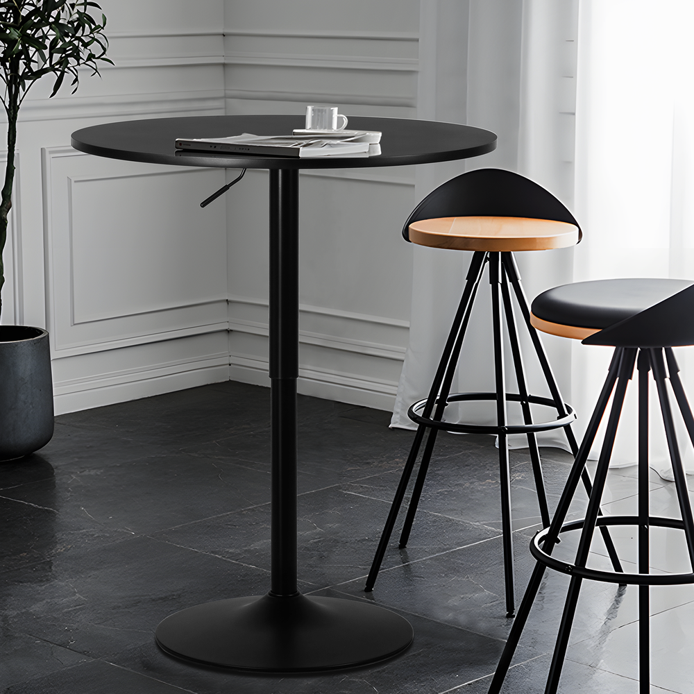 Black Wooden Round Pub Bar Table Adjustable Height Tabletop Chrome Base Kitchen