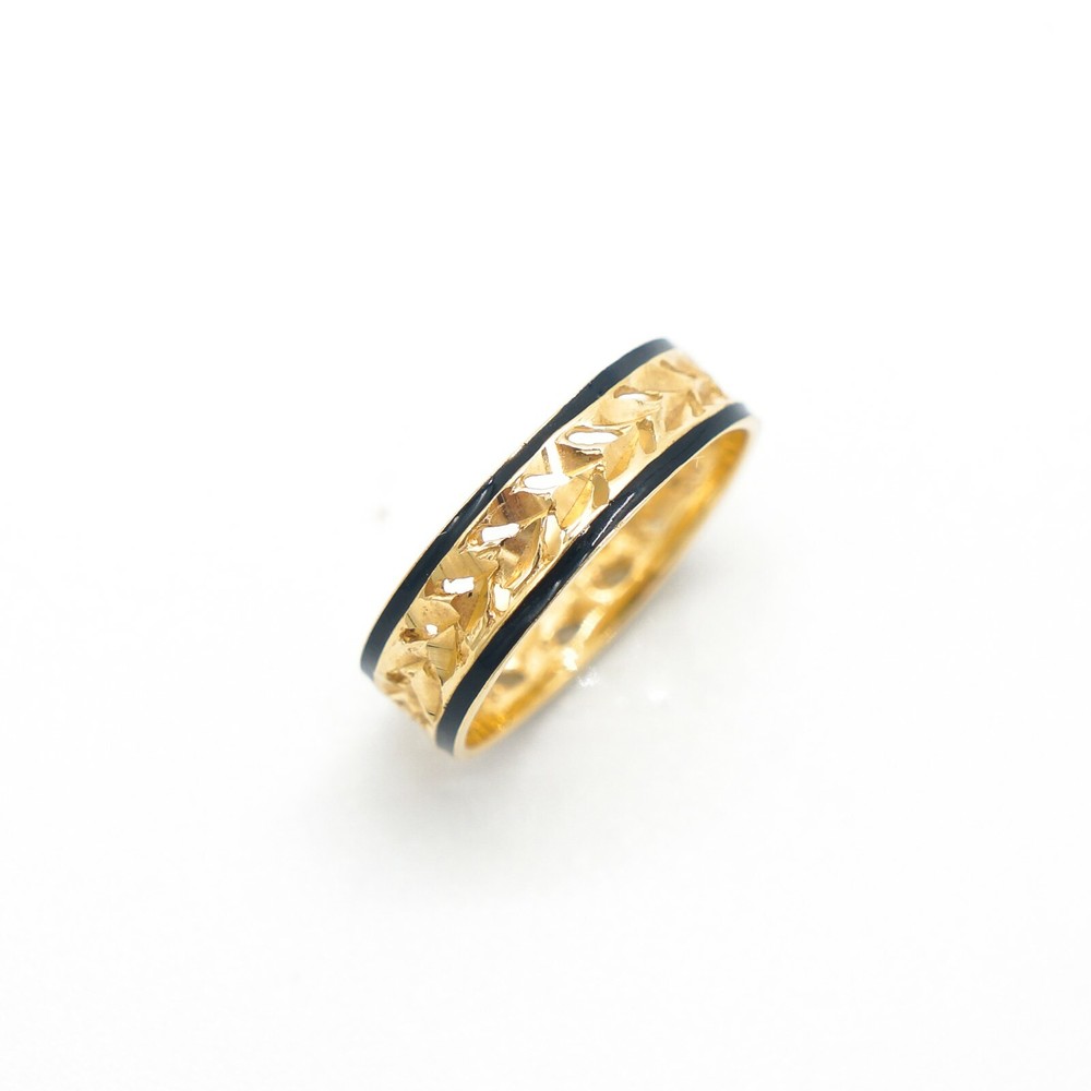Solid 14k Yellow Gold Hawaiian Maile Leaf Scroll 5mm Black Enamel Edge Ring