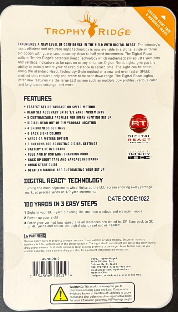 Trophy Ridge Digital React 1 Pin Right Hand .019 Standard Mount New