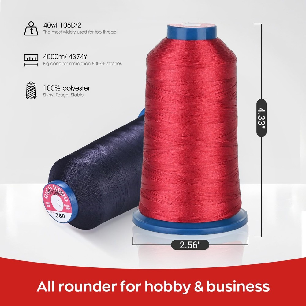 4 Rolls Embroidery Thread, 4000M, 40WT, Polyester, 2 White, 1 Black, 1 Red