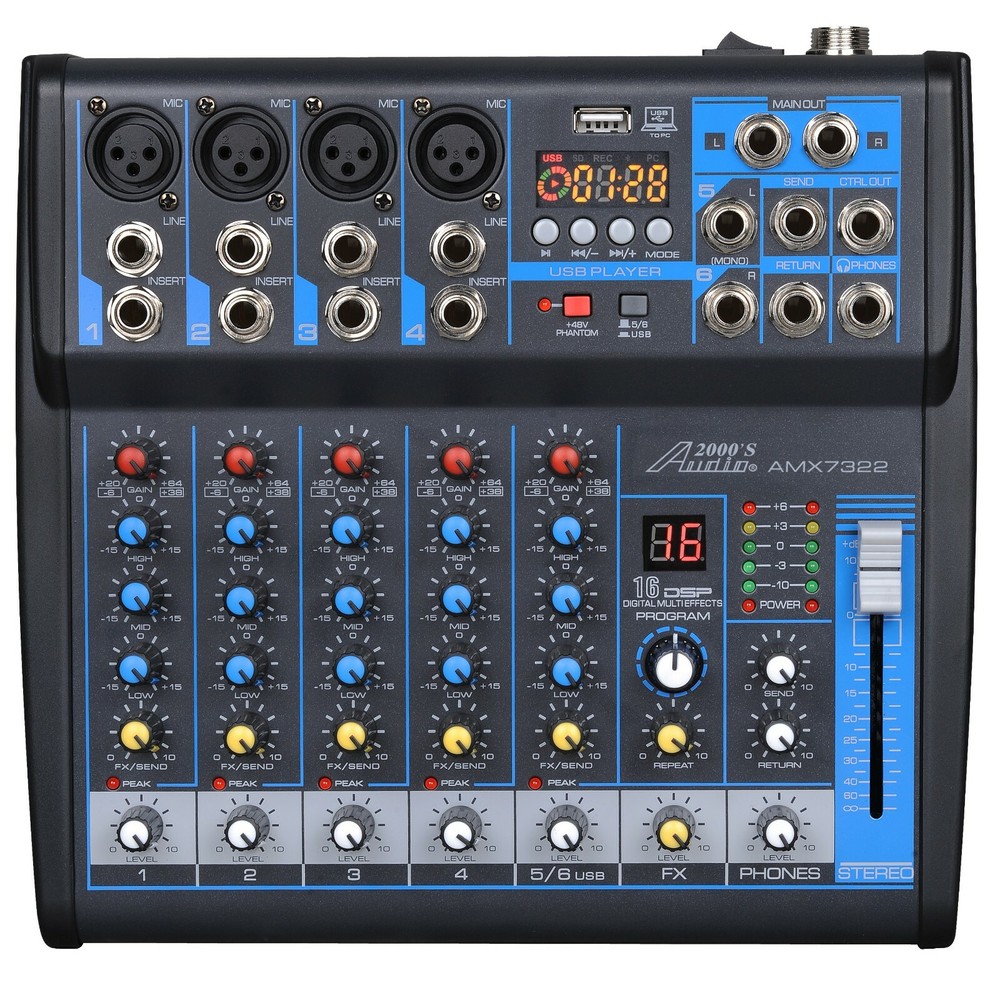 Audio2000s AMX7322 6-Ch.Audio Mixer w/USB Interface,Sound Effects& Bluetooth-NEW