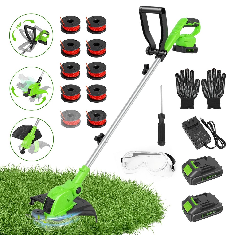 Cordless String Trimmer, Edger WeedWhacker Grass Eater Lawn Cutter w/ 2 Battery