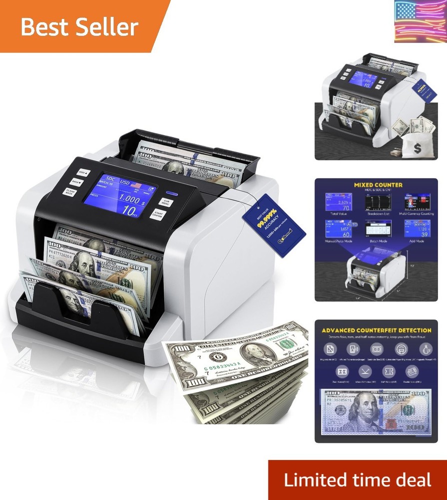 Mixed Denomination Money Counter Machine, Touchscreen Value Counter, 1500Bill...