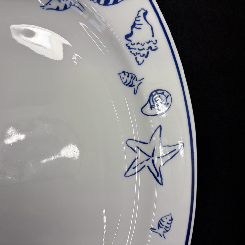Serving Platter Elliot Bay Pattern White With Blue Seashell Fish & Trim 15”