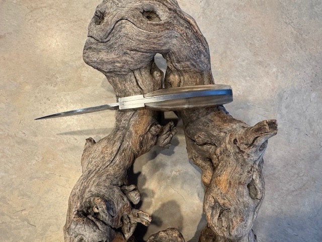 Big Damascus folding blade knife w/ Rams horn handle