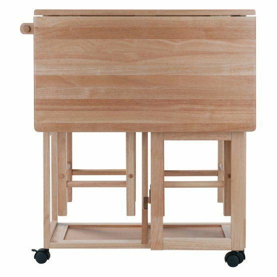 Natural Wooden Kitchen Breakfast Cart Set Dining Table Stools Rolling Island Pub