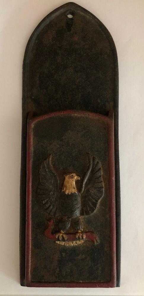 Antique Wall Cast Iron Match Holder / Safe Fireplace - EAGLE / 10 1/2 X 3 1/2"