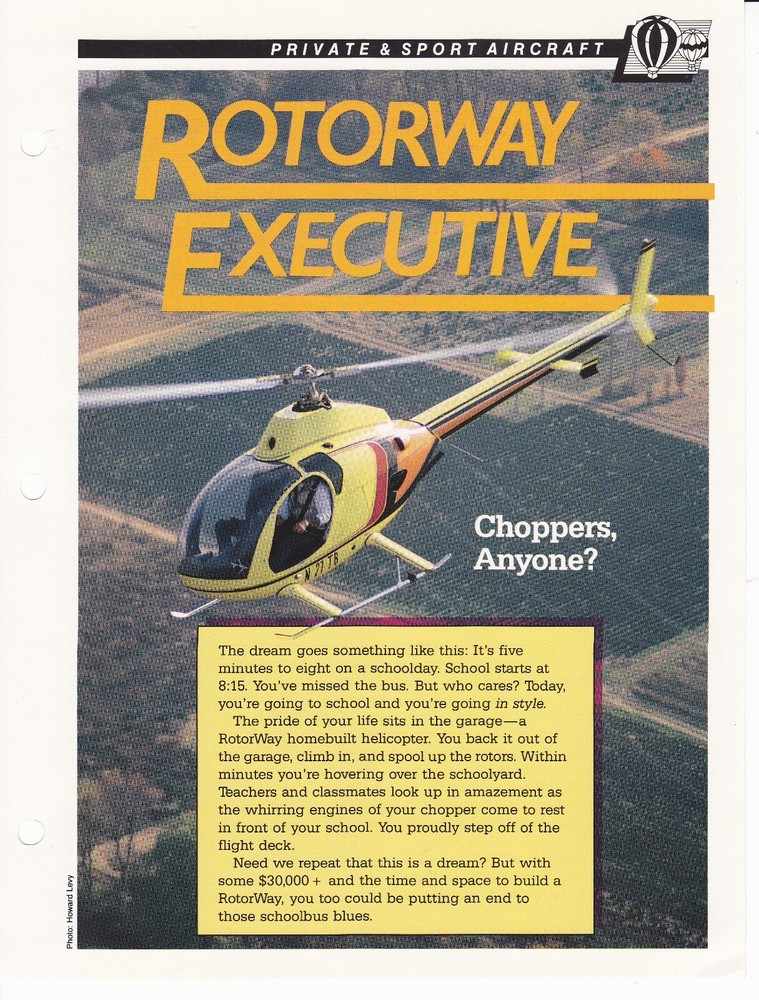 Rotorway Executive Exec Homebuilt Kit Helicopter Spec Sheet Fact Card