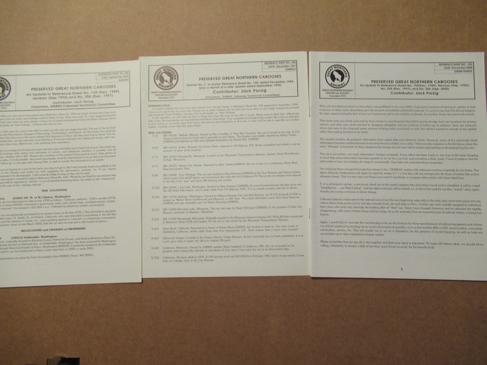 Great Northern Reference Sheet 258 286 352 Preserved Cabooses