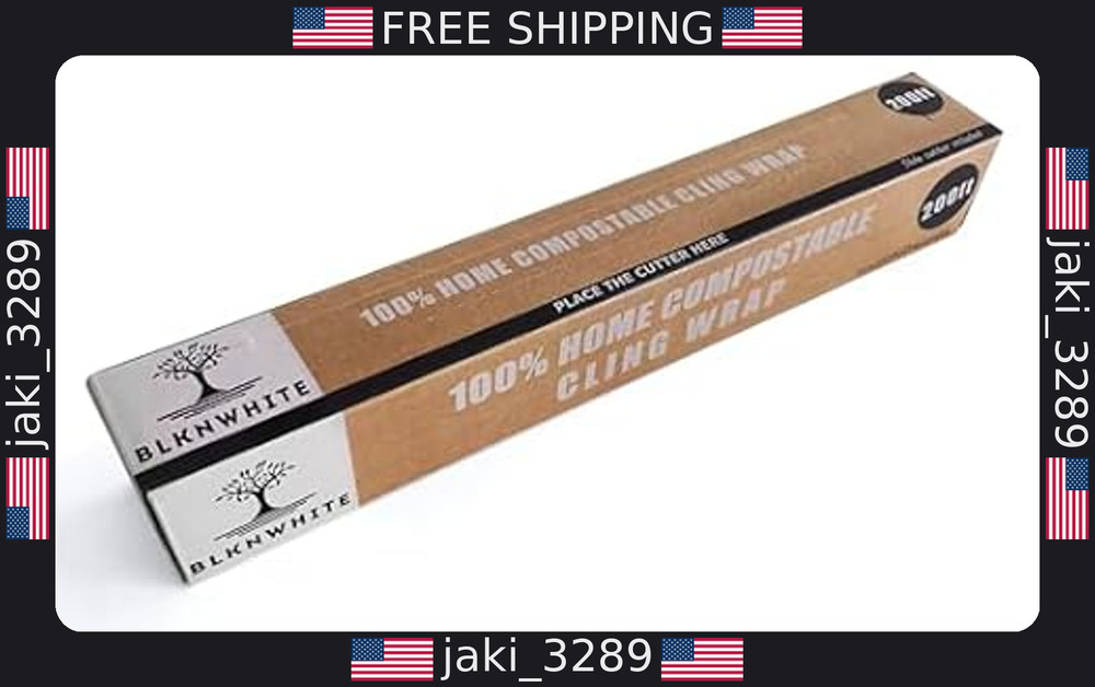 BlknWhite Compostable Cling Wrap with Cutter - 12" x 200ft, ASTM 6400 Certified