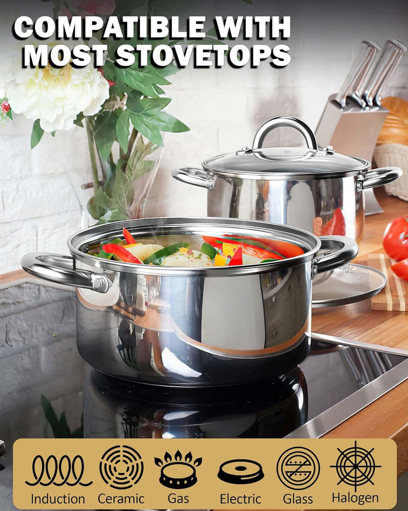 Kitchen Cookware Sets, 12-Piece Basic Stainless Steel Pots and Pans
